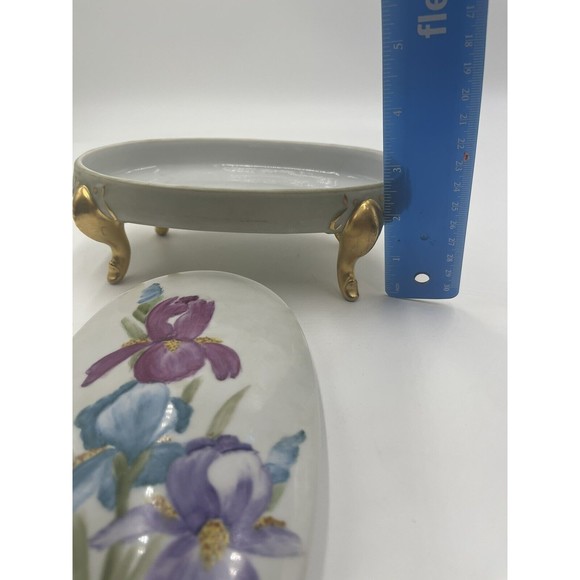 Antique Hand Painted Porcelain Jewelry Box Trinket Footed Box Signed Chiz - Picture 7 of 7